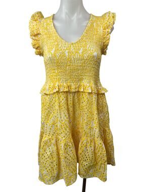 Elan Yellow Eyelet Smocked Ruffle Scoop Neck Short Sleeve Mini A-Line Dress Sz S
